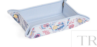 a blue and white striped basket