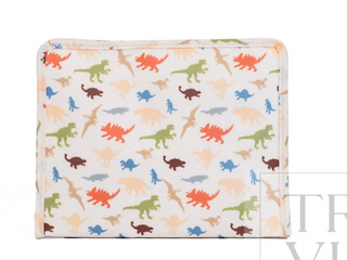a white fabric with dinosaurs on it