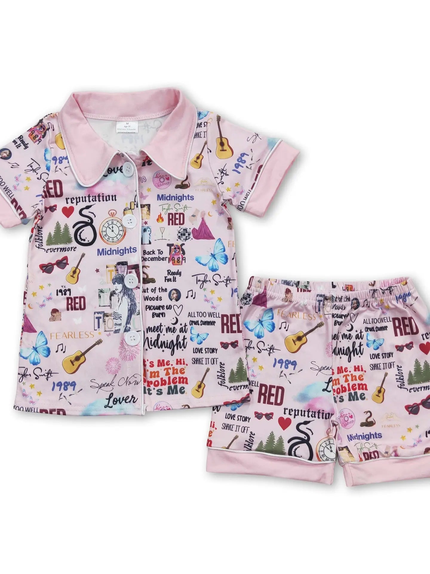 Girls Taylor Swift Pink Guitar Singer Eras Button Down PJ Set w/ Shorts