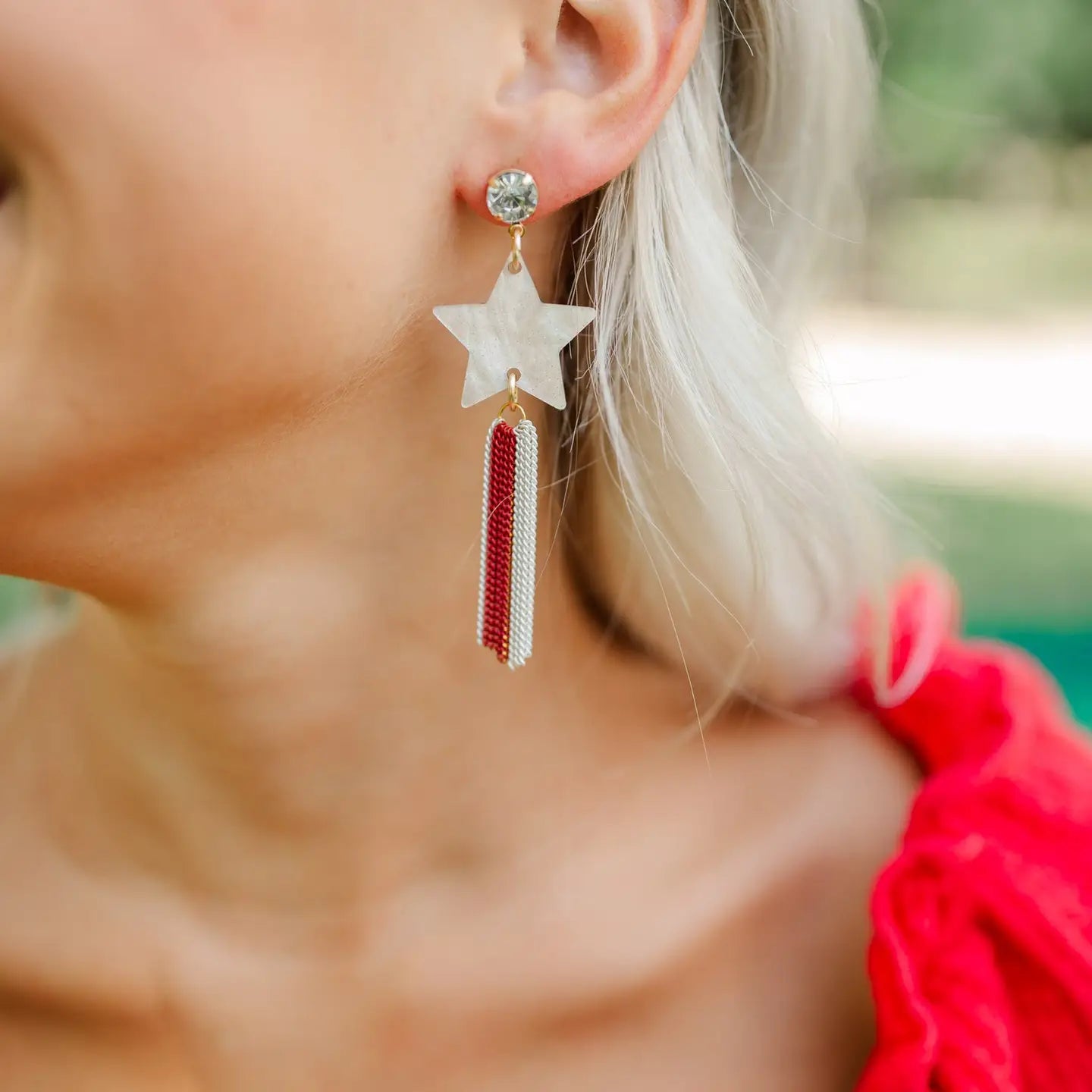 Red & White Star Chain Tassel Earrings