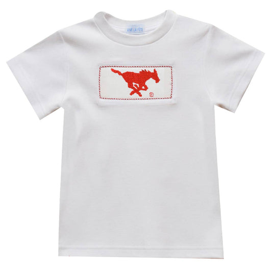 SMU Mustangs Smocked White Knit Short Sleeve Boys Tee Shirt