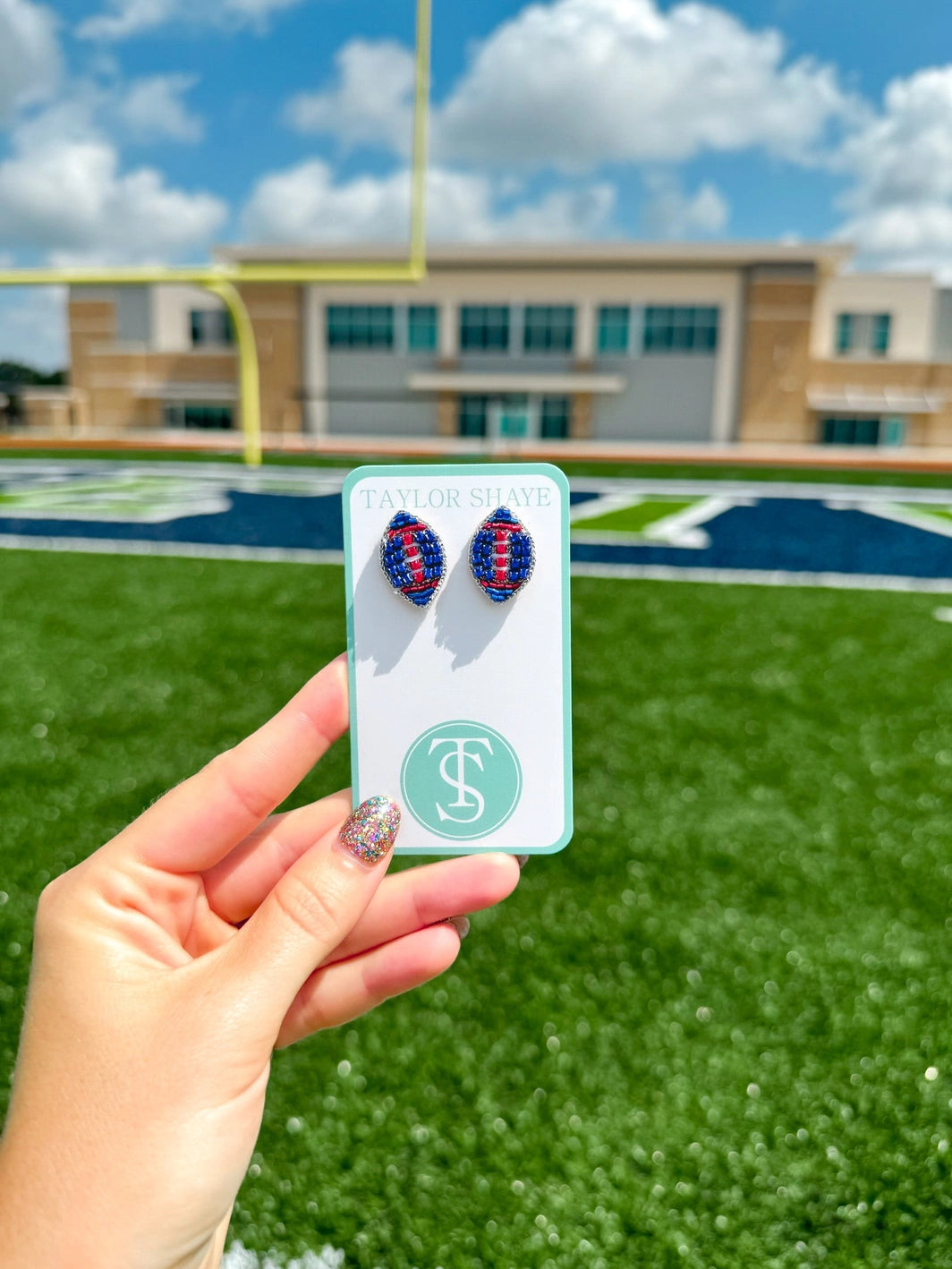 Beaded Red & Blue Football Studs