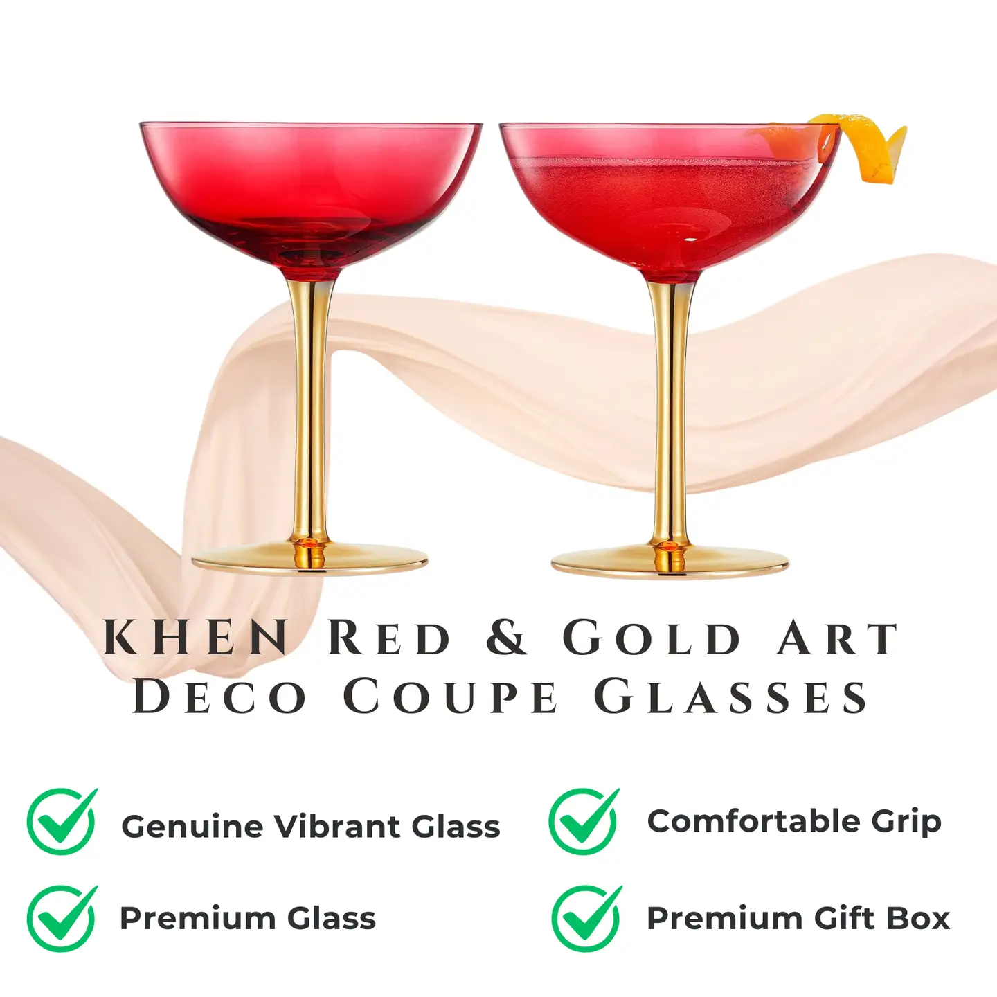 Red & Gold Coupe Glasses, Set of 2