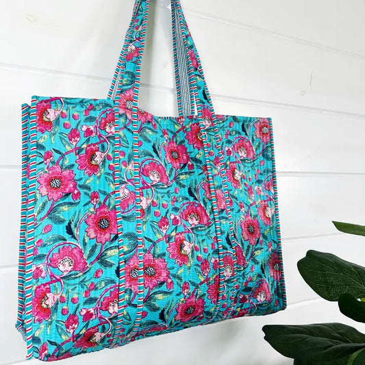 Cotton Quilted Block Print Tote Bag Reversible - Aqua Pink
