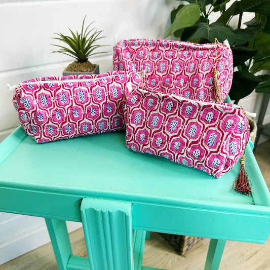 Quilted Block Print Makeup Travel Bag Set - Pink