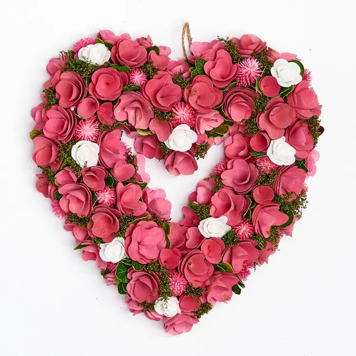 15" Valentines Pink Wood Curl Heart Wreath with White Roses